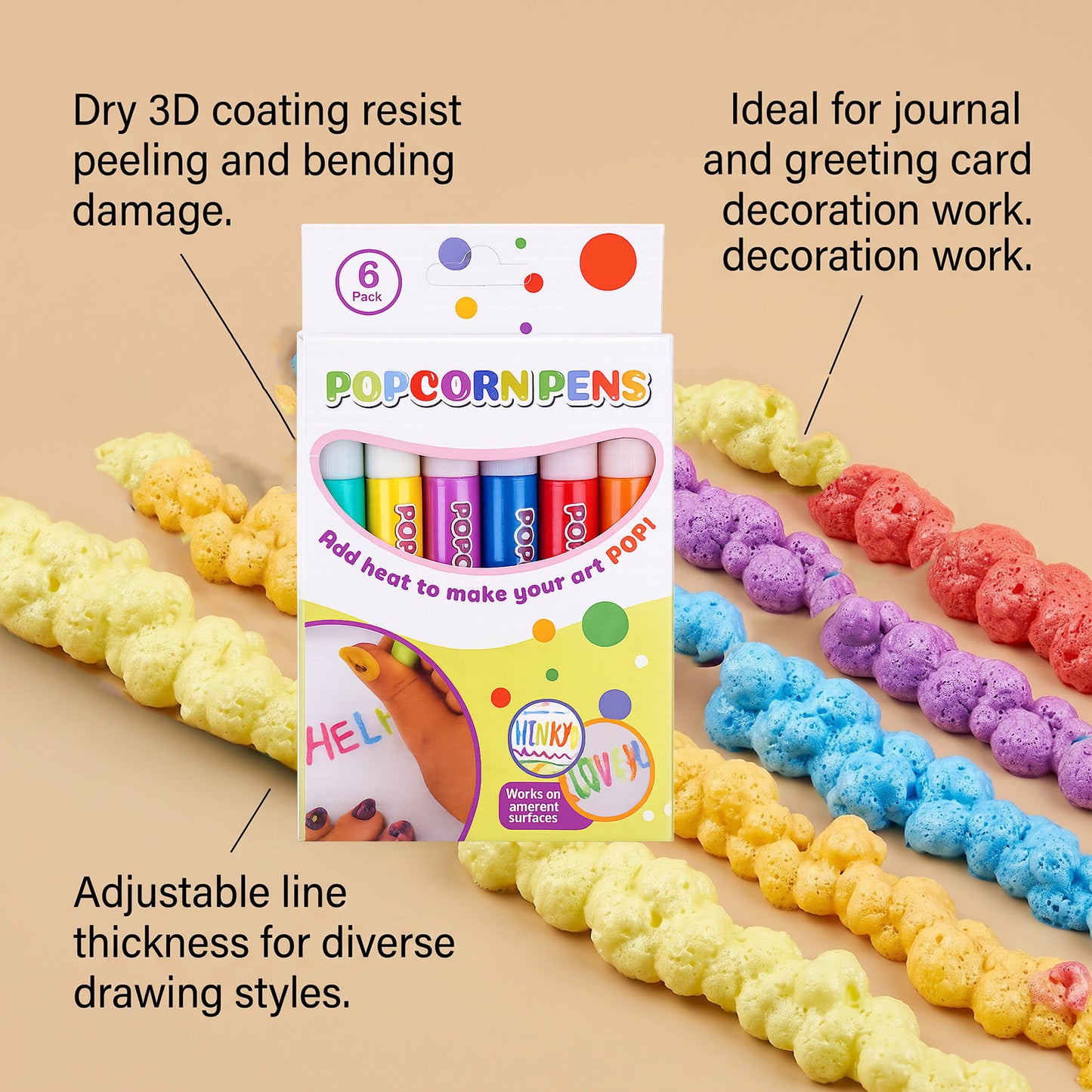 Contentgu Popcorn Pens 3D Puffy Bubble Paint Pens 6 Colors
